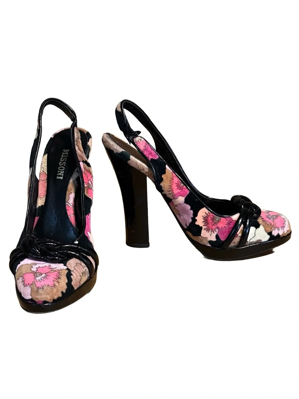 MISSONI BLACK & PINK VELVET FLORAL PRINT SLINGBACK HEELS (36.5)